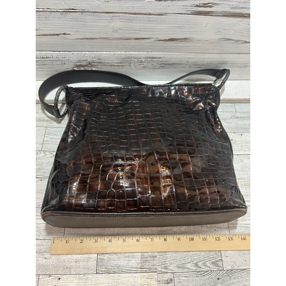 BRIGHTON Cher Handbag Bronze Brown Croc Patent Leather Shoulder Bag Orange Lined - Picture 4 of 10